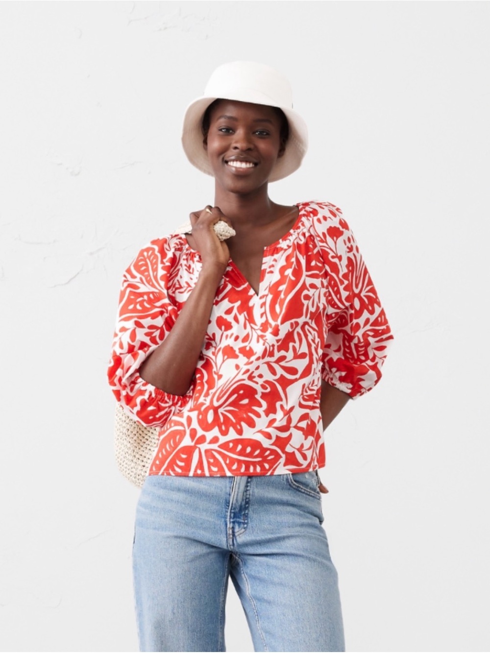 EUC | Sz M | Banana Republic Factory Lantern-Sleeve Poplin Top Red (Size Down)